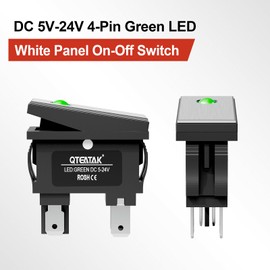 QTEATAK 2PCS KCD3 DPST Boat Rocker Switch, Green LED White Metal Panel Boat Rocker Toggle Switch, On/Off 4-Pin 2-Position Snap DC 5V-24V Ith:16A (Only for DC 5V-24V)