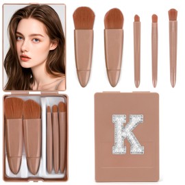 Initial Travel Mini Makeup Brushes Set With Mirror for Women Cosmetic Makeup Brush Kit with Case Compact Travel Essentials Birthday Travel Monogrammed Gifts for Women Friends Bff 5pcs Cameo Brown K