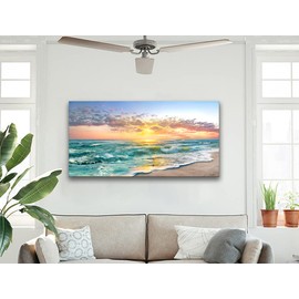 Ocean Beach Pictures for Wall Decor- Wall Art for Living Room Large Size Above Bed- Framed Teal Blue Beach and Sand Pictures Canvas Print Art for Bedroom Home Office Wall Décor 48"x24"