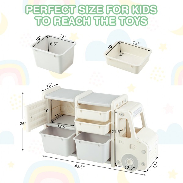 Kids Truck Storage Organizer Toddler Playroom Furniture w/2 Plastic Bins Cabinet