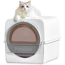 Peterest Semi Auto Large Self Cleaning Cat Litter Box,No Smell,Pull and Scoop,for Micro Crystal cat Litter,Easy to Clean,with Lid High-Capacity White Litter Box