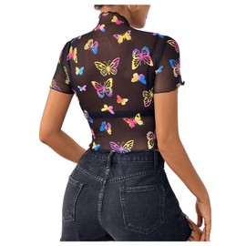 SHENHE Women's Sheer Mesh Reflective Rave Top Y2k Butterfly Round Neck Short Sleeve Crop Top Black Medium