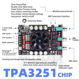 DAMGOO 440W Audio Amplifier Board with Treble and Bass Control, TPA3251 Chips, DC 12-36V, Bluetooth 5.2 and AUX Inputs, 2.0 Channel Stereo AMP Board for DIY Wireless Speakers