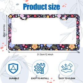 2 Pcs Floral License Plate Frame for Women Men Boho Flower License Plate Holder Aluminum Licenses Plates Cover with 2 Holes Screws Universal Size: 12.4x6.3in Car Decoration