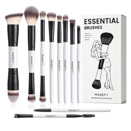 10 Piezas Brochas para Maquillaje Profesional, Brochas de Maquillaje de Doble Punta de Aluminio, Juego Multifuncional con Estuche de Regalo Exclusivo para Base, Polvo, Ojos y Rostro (Blanco)