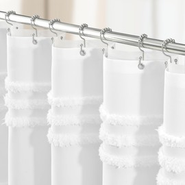 Dynamene Extra Long Shower Curtain and Liner Set - 84 inch Tall Boho Farmhouse Fabric Tufted Chenille Striped, Waterproof Clear Liner, Shabby Chic Shower Curtains for Bathroom, 12 Hooks, 72x84, White