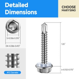 Self Tapping Screws for Metal 50Pcs #10 x 1-1/4", 410 Stainless Steel Hex Head Sheet Metal Screws, Self Drilling Screws for Metal, High-Strength Quick Self-Tapping Screws by Marysino