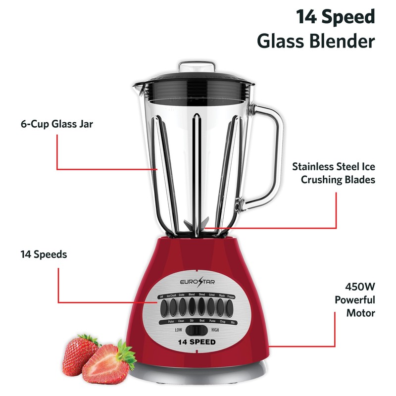 EUROSTAR 450W 14-Speed Glass Jar Blender (RED)