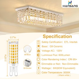 hansang 10 Pack G9 LED Bulb 3000K Warm White, T4 G9 Ceramic Bi-pin Base Light Bulbs, G9 Light Bulb Equivalent to 60W Halogen, 600Lm 120V AC 360 Degree Angle for Crystal Chandelier, Non-Dimmable
