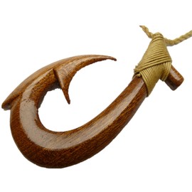 Hand Carved Natural Hawaii Koa Wood Fish Hook Fishhook "Hei Matau" Pendant Artistically Knotted w/Adjustable Brown Hemp Cord Necklace/Choker - Hawaiian/Polynesian Maori/New Zealand Style