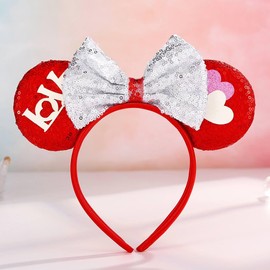 Zoestar Valentine's Day Headband Bow Hair Band Sequins Mouse Ear Headband Festival Costume Hair Accessories for Women