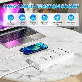ZYMY 6 Way Extension Lead with 4 USB Slots, Multi Plug Desk Power Strip Extension Socket with 2M Extension Cables, Surge Protected Extension Cord with Double Switches for Home, Office, White