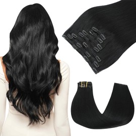 SAFIRENY Clip In Hair Extensions Real Human Hair, 14inch 140g 7pcs Jet Black for Women, Straight Hair Extensions Clips Ins(#1-14inch)