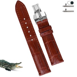 vinacreations 20mm Light Brown Alligator Belly Leather Watch Band Silver Deployment Clasp Men Quick Release Crocodile Exotic Replacement Wristwatch Strap Premium Handmade DH-06D-S-20MM