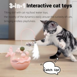 Interactive Cat Toys for Indoor with Feather Teaser Wand,Stimulation Smart Cat Toy,Slow Feeding for Enrichment,Catnip for Bored Fur Kid&Activated Roly-Poly to Keep Them Busy (Pink)