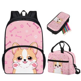 Tuoxiukan Corgi Backpack for Girls With Lunch Box Pencil Case, Dog Paw School Bookbag for Elementary School Girls Pink Schoolbag 17 Inch Anti Theft Shoulder Backpack