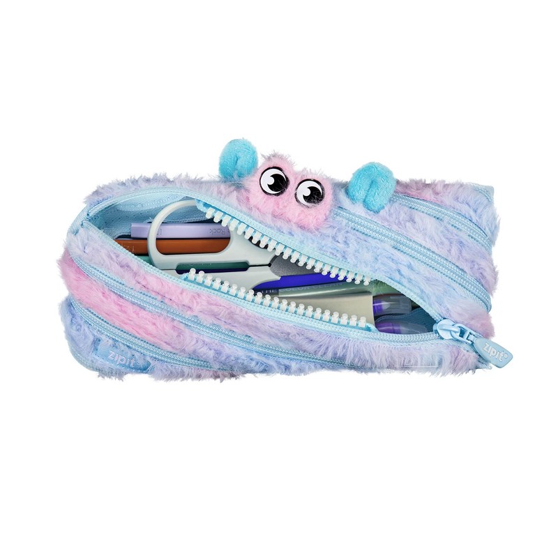 ZIPIT Furry Monster Pouch, One Long Zipper Pouch (Blue &