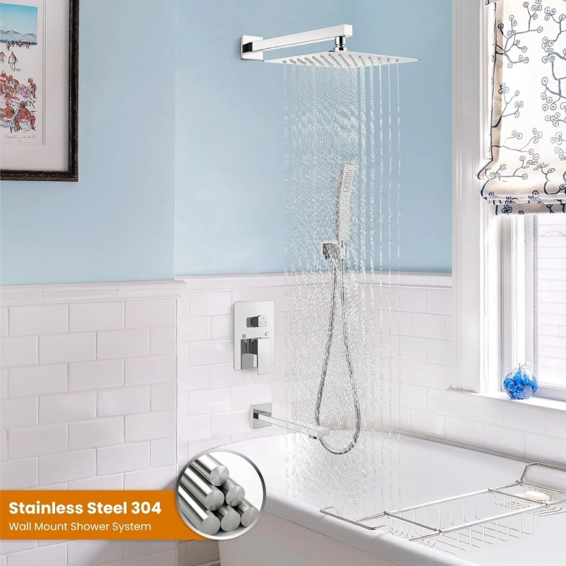 Senlesen Chrome Shower Faucet Set 12" Rainfall Head Combo Kit