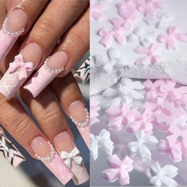 Nail Charms, Flower Nail Charms, 3D Pink Bow Nail Art Decoration, 3D Acrylic Flowers Nail Gems with White Half Pearls for Women Acrylic Nail