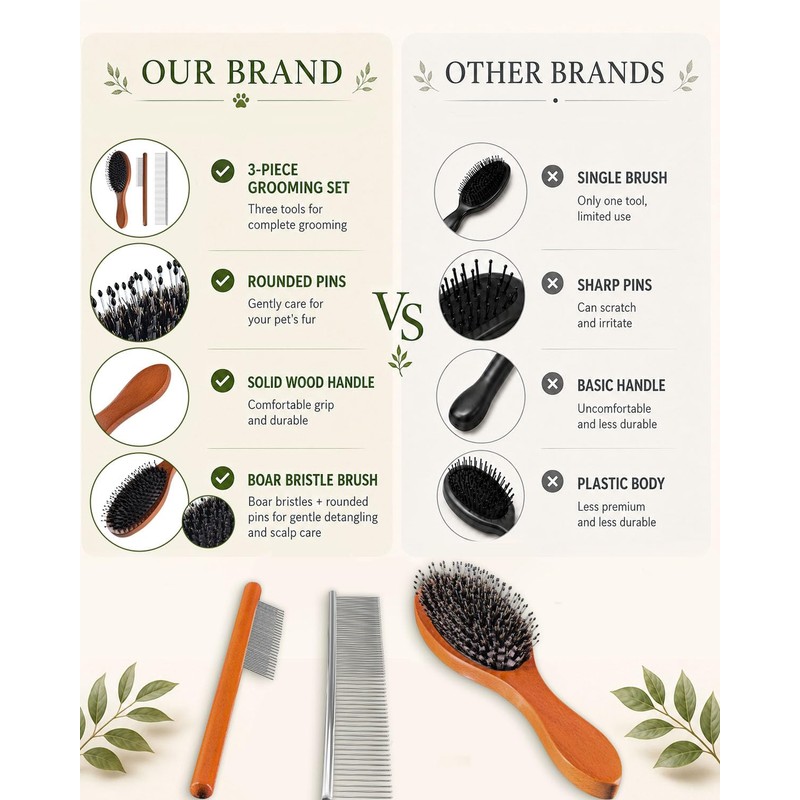 Angootao 3Pcs Natural Boar Bristle Dog Grooming Brush Set