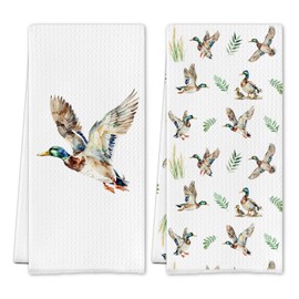Serenehanctuary Rustic Mallard Duck Kitchen Towels, Duck Lovers Dish Tea Towels Gifts for Women Men, Farmhouse Cottagecore Mallard Ducks Decorative Hand Towel for Kitchen Bathroom, 16x24 Inch Set of 2