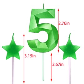 5th Birthday Candles and Star Heart Candles 2.76 Inch for Birthday Cakes Decorations Wedding Anniversary Celebration Number 5 50 15 51 52 53 54 55 56 57 58 59(Green,5)