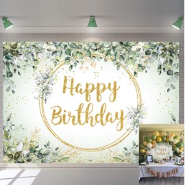 Green Happy Birthday Backdrop Eucalyptus Greenery Leaves Neutral Birthday Photography Background Kids Adults Baby Shower Jungle Theme Birthday Party Decorations Background (7x5FT: 84x60 inch)