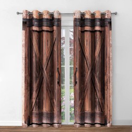 Jekeno Rustic Wood Blackout Curtains Farmhouse Vintage Brown Wooden Barn Door Decor Home Bedroom Living Darkening Grommet Window Drapes 2 Panel Set, 52"x84"