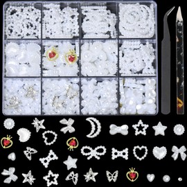 Nail Charms and Flatback Pearls 3D Multi Shapes White Mix Styles HeartStar Bow Butterfly Sunflower Embellishments Nails Design Kit forNailArt Craft and Decoration with Tweezer and Pickup Pencil
