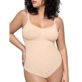 PUMIEY Shapewear Bodysuit for Women Tummy Control V-Neck Sculpting Thong Body Shaper Tank Top, Cream Thong Strong Support, Large-X-Large