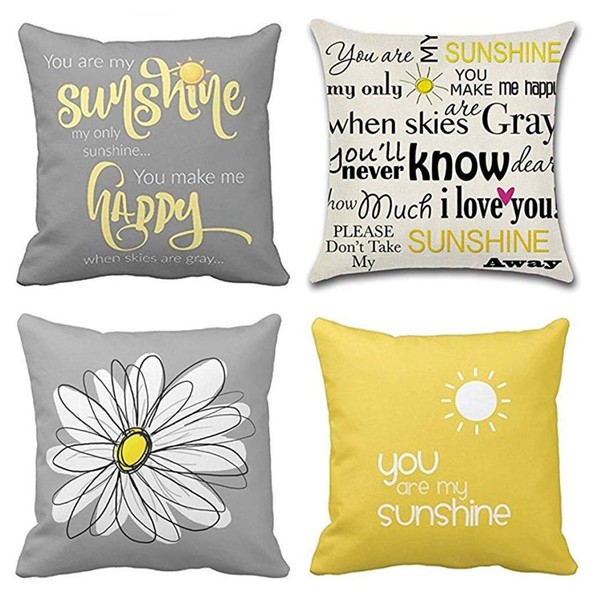Emvency Set of 4 Throw Pillow Covers You are My Sunshine Yellow Gray with Words Decorative Pillow Cases Home Decor Square 20x20 Inches Pillowcases