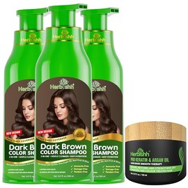 Herbishh Ultimate Hair Color Shampoo Kit (3pcs Hair Color Shampoo Dye +1 Argan Hair Mask) Smooth and Long Lasting Color Shampoo for Grey Hair Men & Women Easy & Quick to Use-Combo4 (Dark Brown)