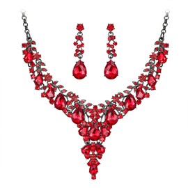 EVER FAITH Costume Austrian Crystal Jewelry Set for Women, Statement Flower Teardrop Necklace Drop Dangle Earrings Set Red Black-Tone