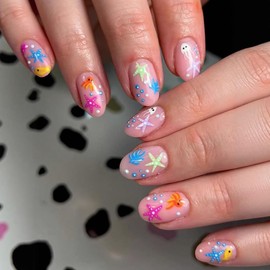 Short Press on Nails Oval Shape Summer Ocean Theme Fake Nails with Designs Extra Short False Nails Starfish Stick on Nails Reusable Acrylic Artificial Nails Full Cover Gel Glue on Nails for Women