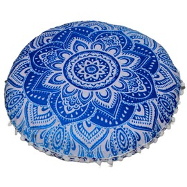 Round Mandala Floor Pillow Cover Seating Cushion Throw Cover Hippie Decorative Bohemian Ottoman Pouf Cover, Pom Pom Pillow Cases,Boho Indian 22 Inches (Red Yellow) (Blue White)