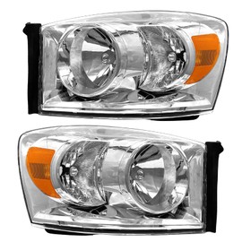 TopAutoGear for 2008 Ram Headlight Assembly Compatible with 2006 2007 2008 Dodge Ram 1500/2006 2007 2008 2009 Dodge Ram 2500/3500 Headlight Clear Lens Chrome Housing Amber Reflector Pair