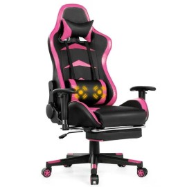 Gaming Chair Blue PU Leather 4D Armrest Manual Recliner Swivel Base Massage Featurecolor: Pink1