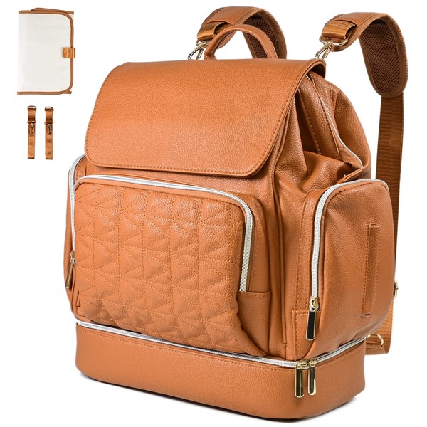 KZNI Leather Diaper Bag Backpack-Travel Diaper Backpack,Nappy Baby Bags for Mom,Unisex Maternity Diaper Bag (Camel)