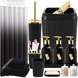 WSBArt 32PCS Black Bathroom Accessories Bathroom Set,Black Shower Curtain, Bath Towel Set,Hand Towel,Toilet Brush,Trash Can & 3PCS Soap Dispensera