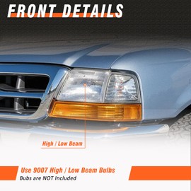 AXLAHA Headlight Assembly for 1998 1999 2000 Ford Ranger Compatible with 98-00 Ranger Headlamps with Amber Reflector Pair Clear Lens Chrome Housing Driver Side and Passenger Side