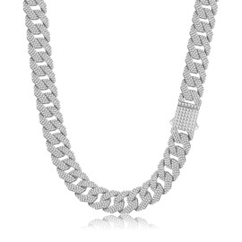EDINGM Cuban Link Chain for Men, Silver/Gold Diamond Miami Cuban Necklace for Women, 15mm Iced Out Hip Hop Jewelry (Silver, 18inch)
