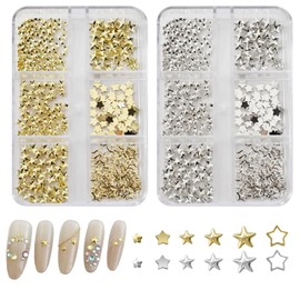 DYNAVERT Nail Parts, Star Shape, 3D, 2 Cases, Cute, Gold, Silver, Metallic Studs, Nail Art, Decorative Accessories, DIY, Handmade, Storage Case Included