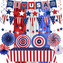62PCS Patriotic Memorial Day Decorations Set,Red White Blue Paper Fans in Patriotic Designs,250 Anniversary USA Decorations