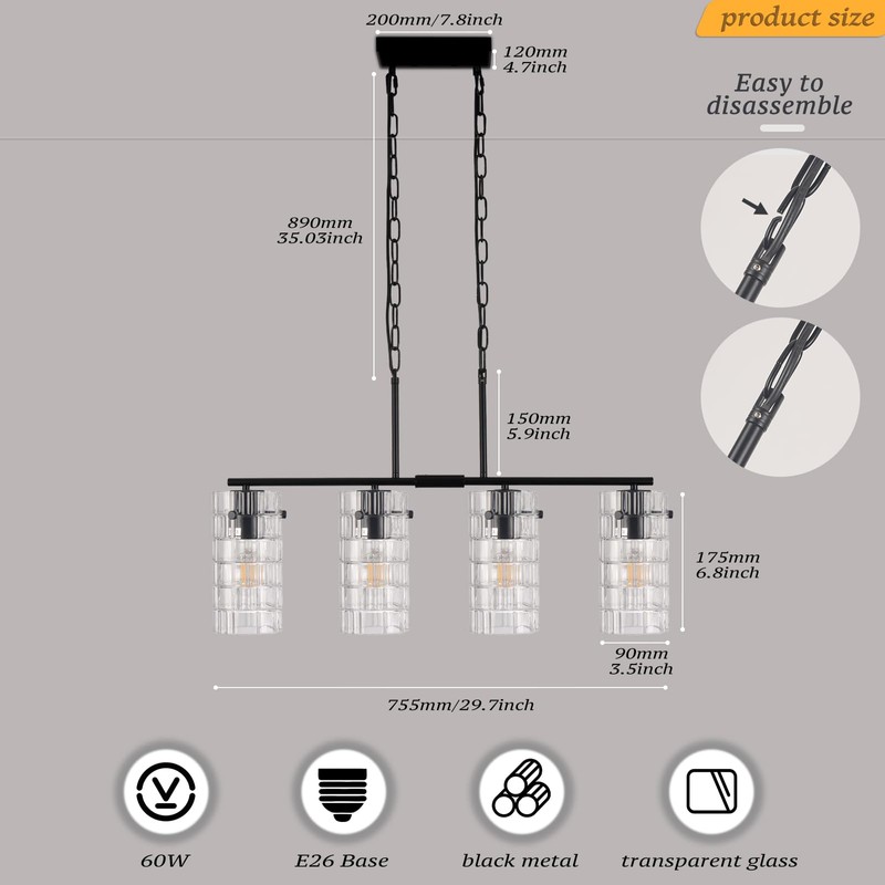 Cainjiazh 4-Light Black Chandelier, Modern Farmhouse-Style Pendant Light Kitchen Island