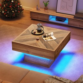 YITAHOME LED Game Coffee Table with 2 Drawers Storage, Square Modern Coffee Table Engineered Wood Low Coffee Tables for Living Room Decor, Farmhouse Rustic Center Table, Brown