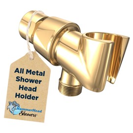 HammerHead Showers® All Metal Handheld Shower Head Holder - Polished Brass - Adjustable Shower Wand Holder with Universal Wall Hook Bracket and Brass Pivot Ball - Hand Held Shower Head Holder