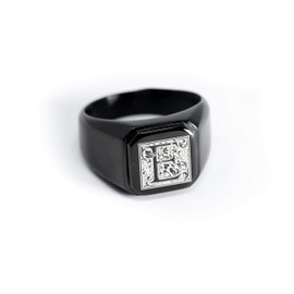 Black IP Plated Stainless Steel Letter E Alphabet Initial Floral Box Monogram Engraved Square Flat Top Biker Style Polished Ring, Size 9.5