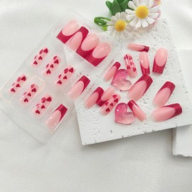 Red French Tip Press on Nails Square Long Fake Nails with Hearts Design Glitter Glue on Nails Pink Full Cover False Nails Glossy Acrylic Nails Press ons for Girls 24Pcs