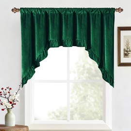 Likiyol Green Velvet Valances for Windows Ruffle Valance Curtains Christmas Swag Curtains, Soft Luxury Window Valances Rod Pocket Kitchen Curtain Valance for Bathroom Cafe, 60" W x 36" L, 1 Panel