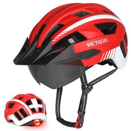 Victgoal Bike Helmet, MTB Mountain Bike Helmet with Magnetic Visor, Removable Sun Visor Cap and LED Rear Light, Cycling Helmet Racing Bike Helmet for Adults Men’s / Women’s (XL: 59 - 63 cm – Red)